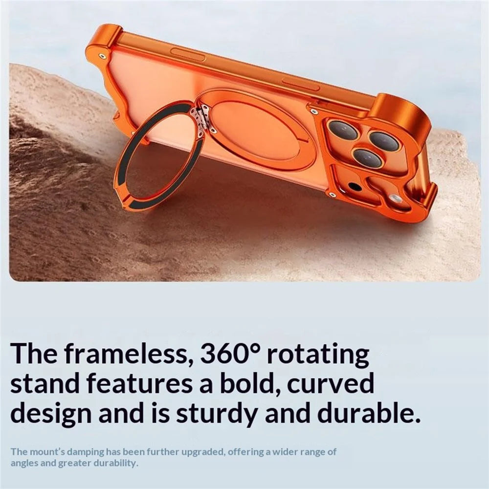 For iPhone 17 Pro Max Case Magnetic Rotating Kickstand PC + Aluminium Alloy Frameless Phone Cover - Orange - 6