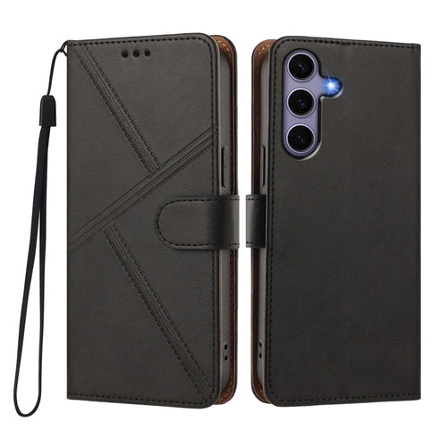 For Samsung Galaxy S24 / Galaxy S25 Case Diamond Stitch PU Leather Wallet Flip Phone Cover with Wrist Strap - Black - 1