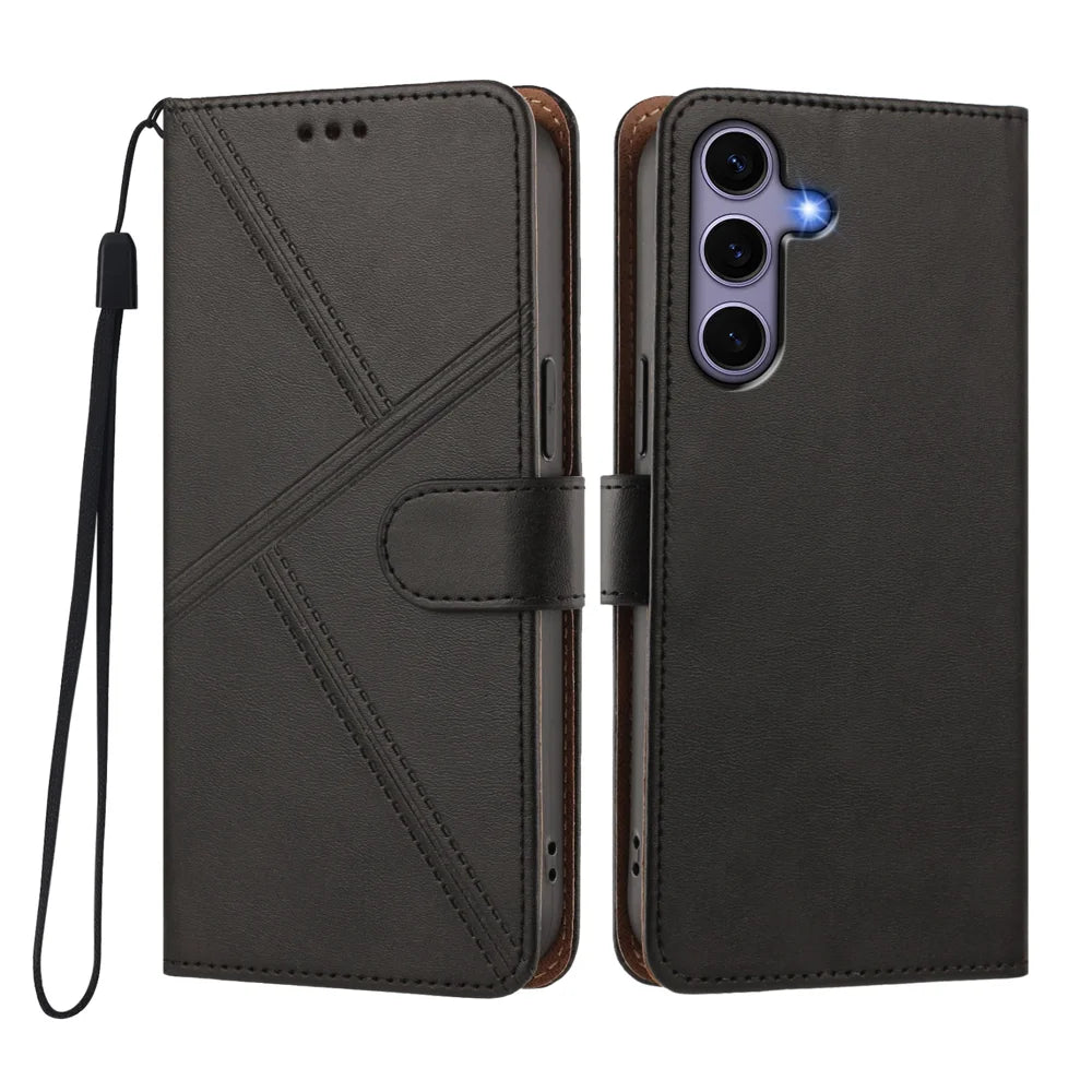 For Samsung Galaxy S24 / Galaxy S25 Case Diamond Stitch PU Leather Wallet Flip Phone Cover with Wrist Strap - Black - 1