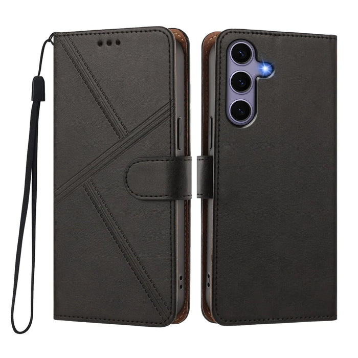 For Samsung Galaxy S24 / Galaxy S25 Case Diamond Stitch PU Leather Wallet Flip Phone Cover with Wrist Strap - Black - 1