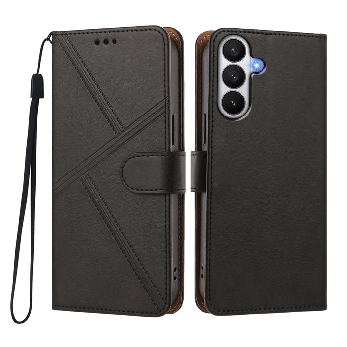 For Samsung Galaxy S26 Case Diamond Stitch PU Leather Wallet Flip Phone Cover with Wrist Strap - Black - 1