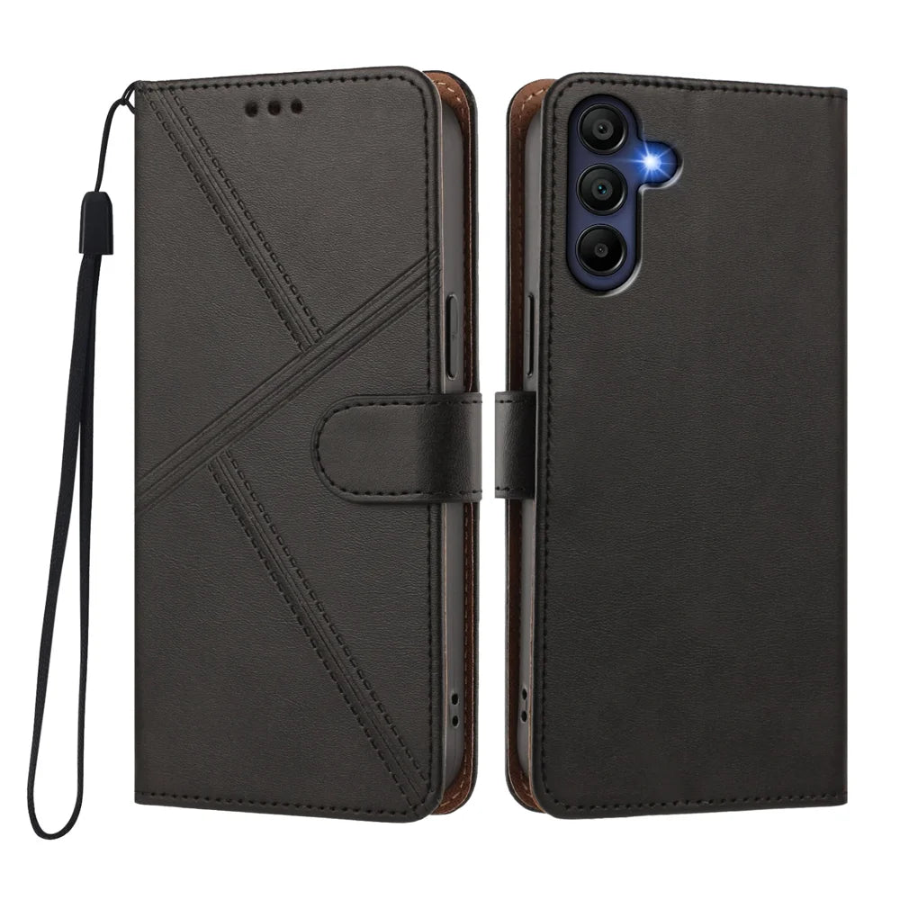 For Samsung Galaxy A16 4G / Galaxy A16 5G Case Diamond Stitch PU Leather Wallet Flip Phone Cover with Wrist Strap - Black - 1