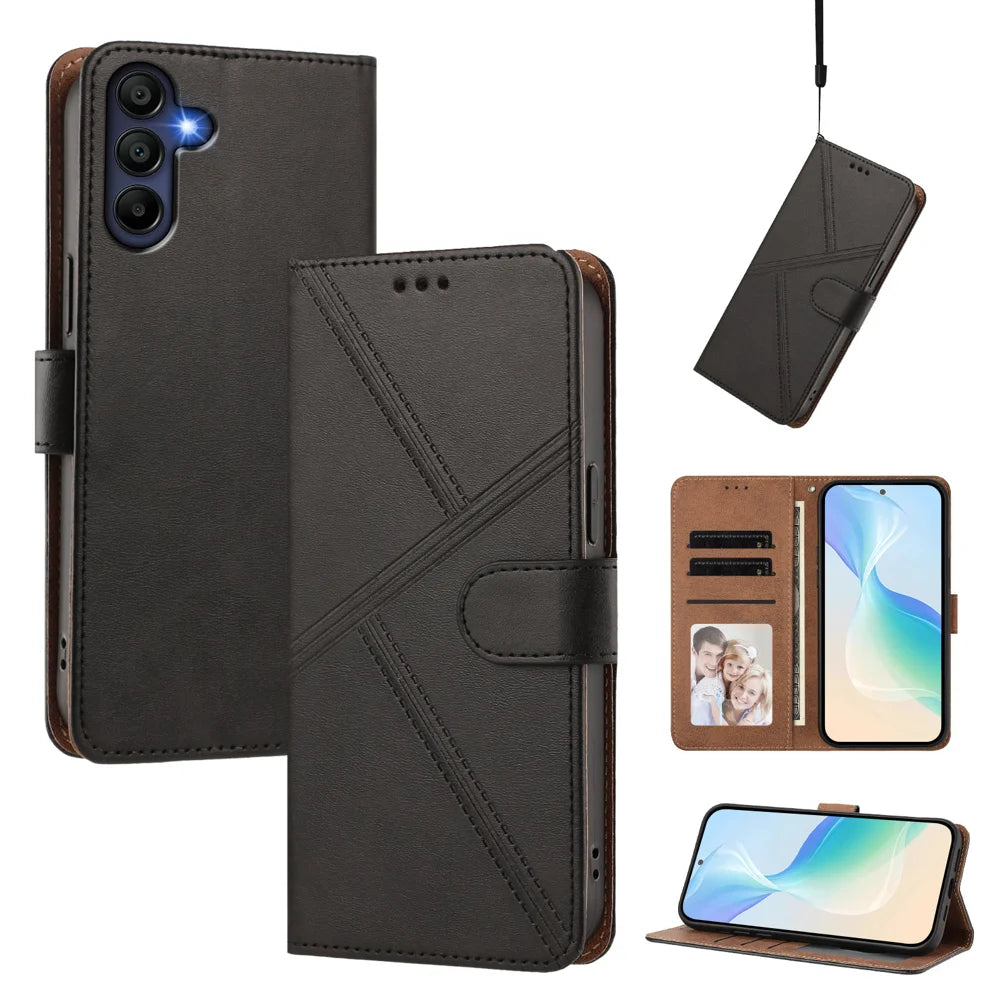 For Samsung Galaxy A16 4G / Galaxy A16 5G Case Diamond Stitch PU Leather Wallet Flip Phone Cover with Wrist Strap - Black - 2