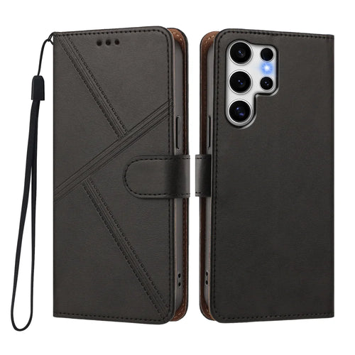 For Samsung Galaxy S25 Ultra Case Diamond Stitch PU Leather Wallet Flip Phone Cover with Wrist Strap - Black - 1