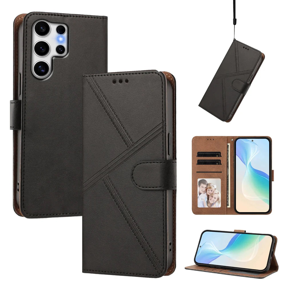For Samsung Galaxy S25 Ultra Case Diamond Stitch PU Leather Wallet Flip Phone Cover with Wrist Strap - Black - 2