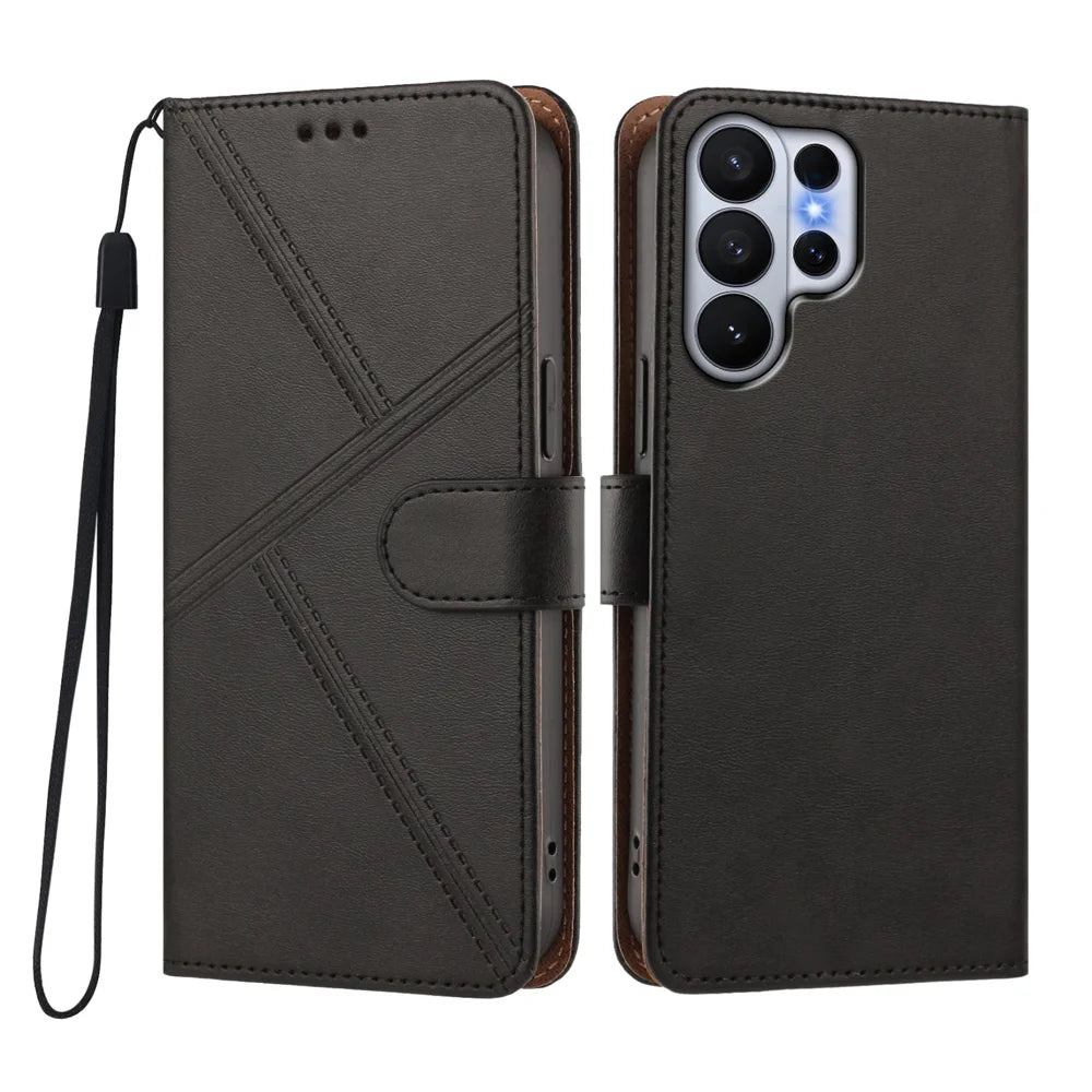 For Samsung Galaxy S26 Ultra Case Diamond Stitch PU Leather Wallet Flip Phone Cover with Wrist Strap - Black - 1