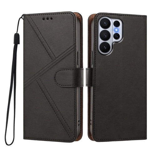 For Samsung Galaxy S26 Ultra Case Diamond Stitch PU Leather Wallet Flip Phone Cover with Wrist Strap - Black - 1