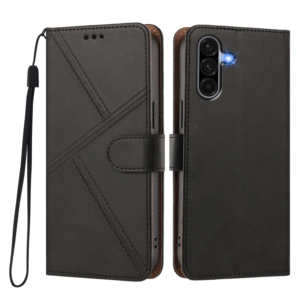 For Samsung Galaxy A37 5G / A56 5G / A36 5G Case Diamond Stitch PU Leather Wallet Flip Phone Cover with Wrist Strap - Black - 1