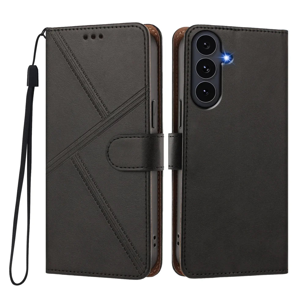 For Samsung Galaxy S26 FE / S25 FE Case Diamond Stitch PU Leather Wallet Flip Phone Cover with Wrist Strap - Black - 1