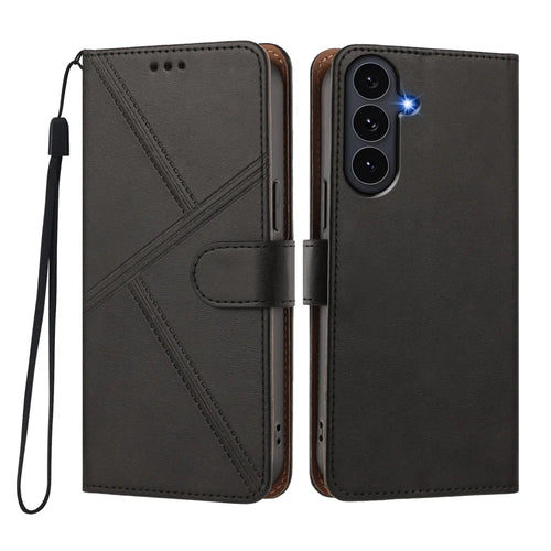 For Samsung Galaxy S26 FE / S25 FE Case Diamond Stitch PU Leather Wallet Flip Phone Cover with Wrist Strap - Black - 1
