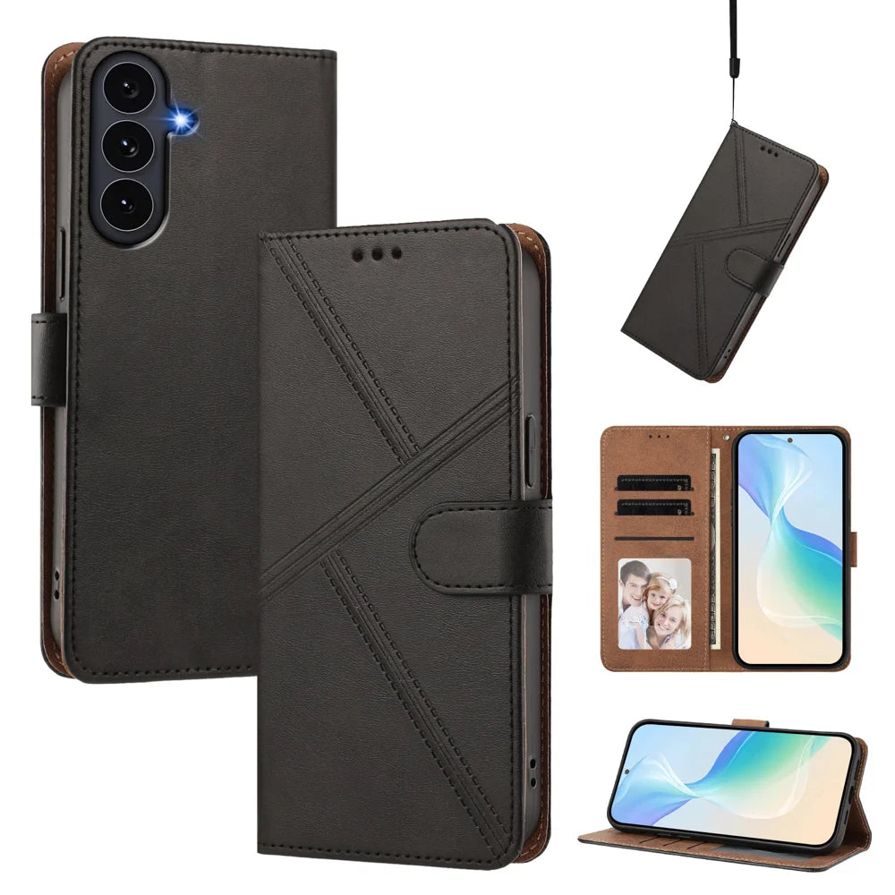 For Samsung Galaxy S26 FE / S25 FE Case Diamond Stitch PU Leather Wallet Flip Phone Cover with Wrist Strap - Black - 2