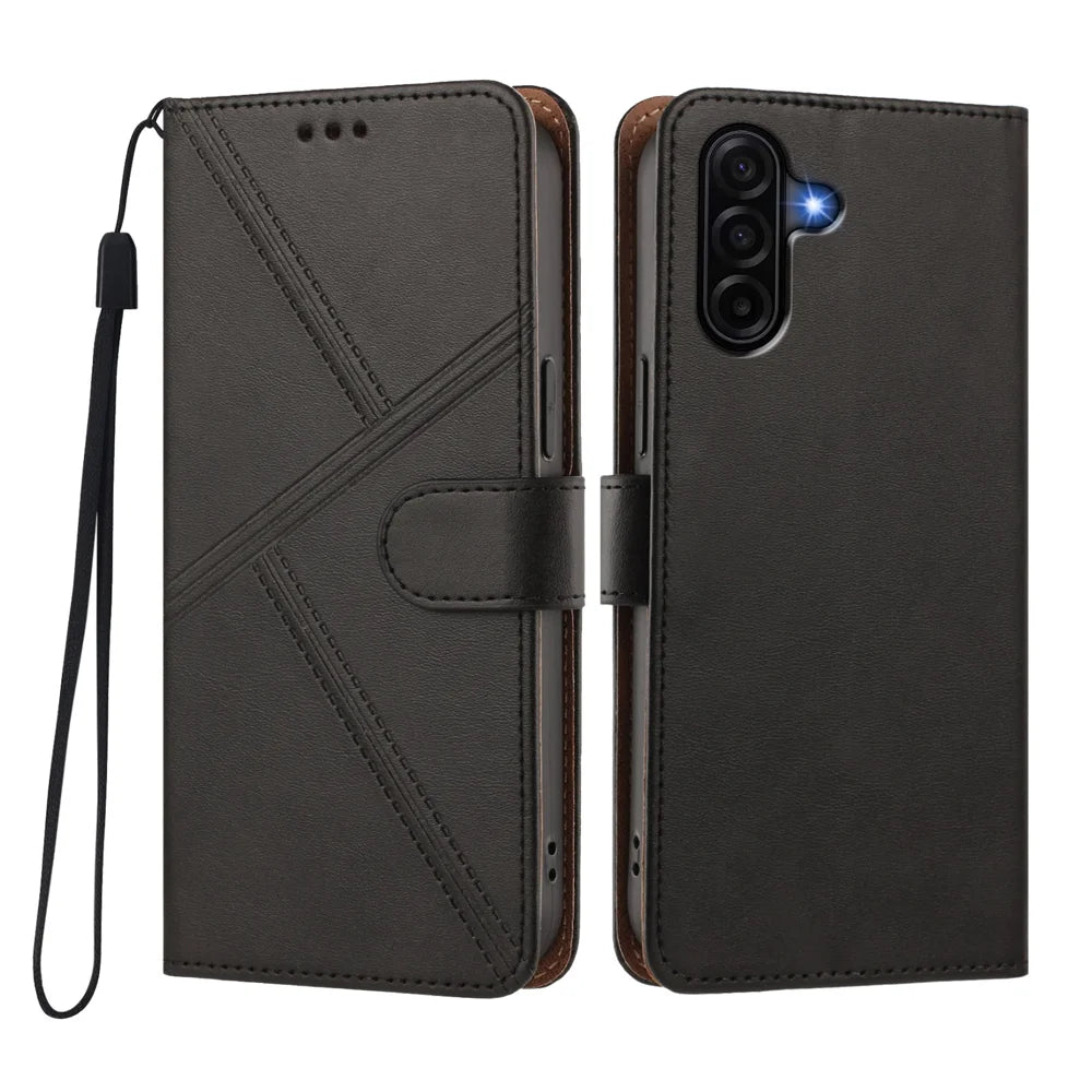 For Samsung Galaxy A37 5G / A36 5G / A56 5G Case Diamond Stitch PU Leather Wallet Flip Phone Cover with Wrist Strap - Black - 1