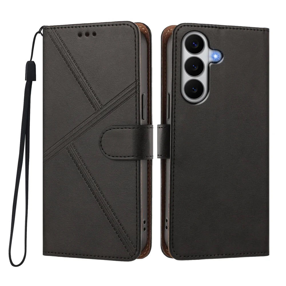 For Samsung Galaxy A27 5G Case Diamond Stitch PU Leather Wallet Flip Phone Cover with Wrist Strap - Black - 1