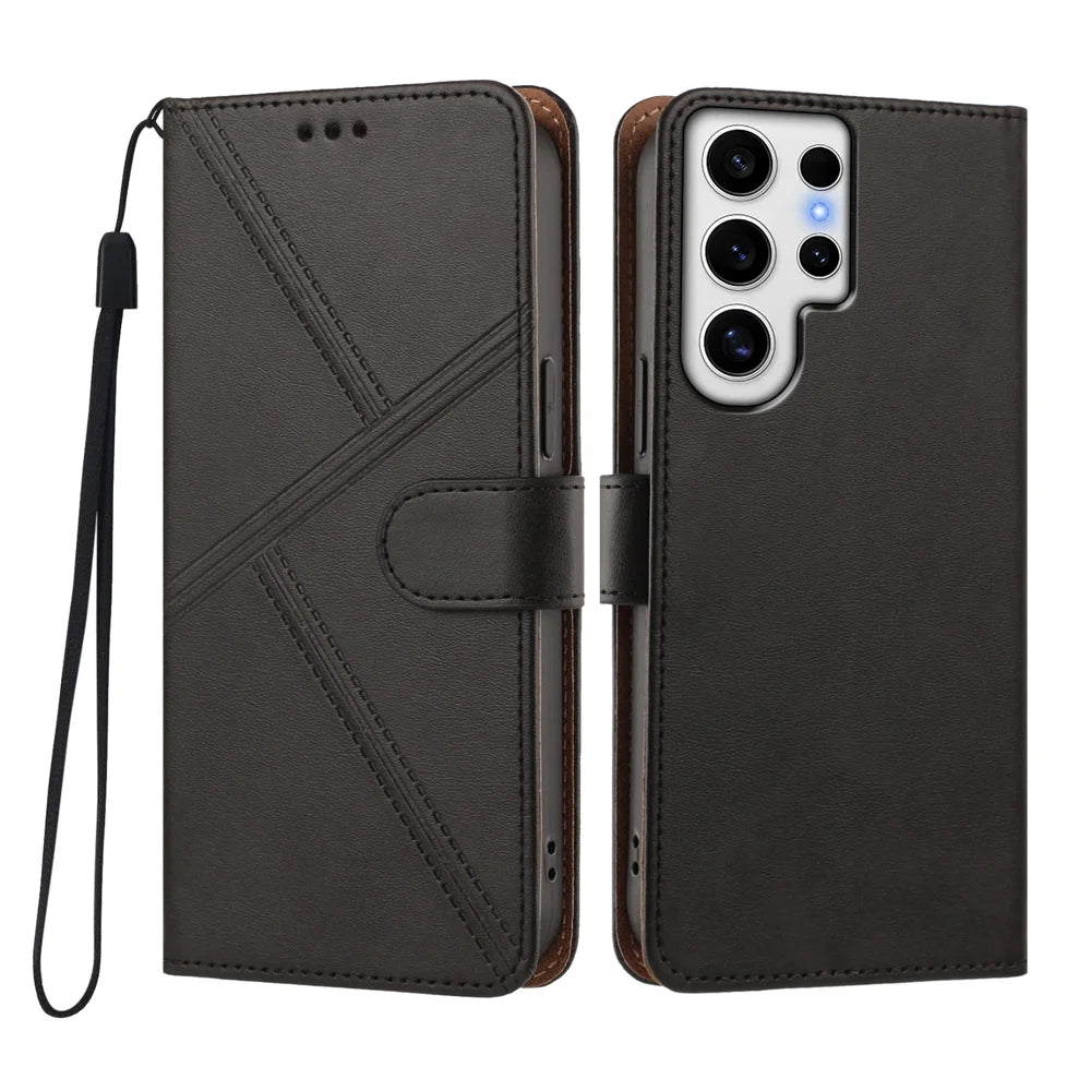 For Samsung Galaxy S24 Ultra Case Diamond Stitch PU Leather Wallet Flip Phone Cover with Wrist Strap - Black - 1