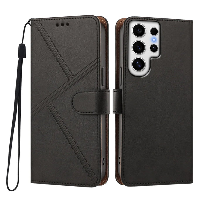 For Samsung Galaxy S24 Ultra Case Diamond Stitch PU Leather Wallet Flip Phone Cover with Wrist Strap - Black - 1