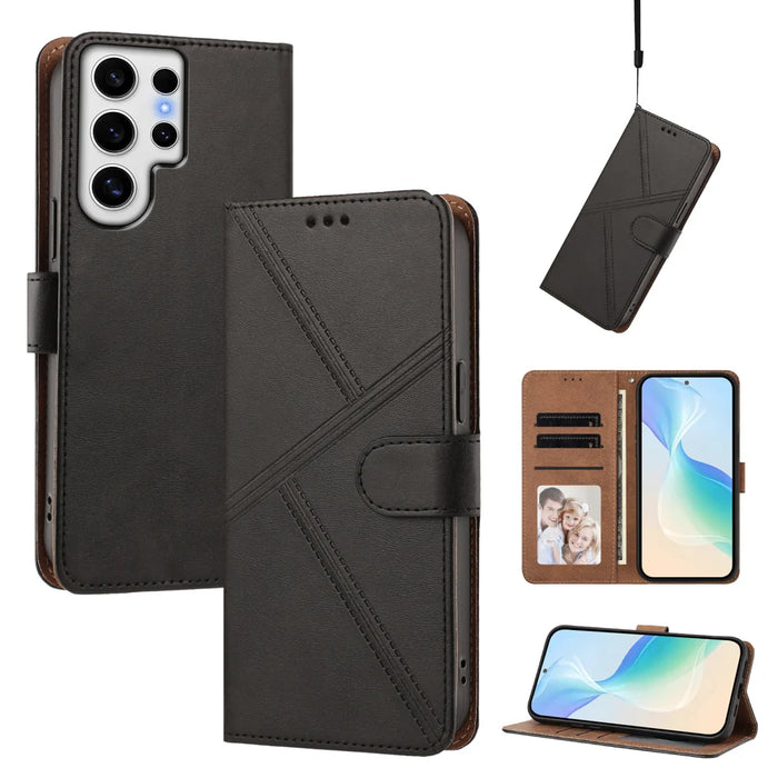 For Samsung Galaxy S24 Ultra Case Diamond Stitch PU Leather Wallet Flip Phone Cover with Wrist Strap - Black - 2