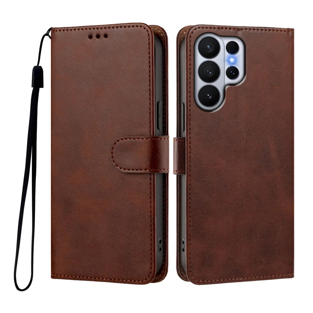 For Samsung Galaxy S26 Ultra Case Wallet Flip Stand PU Leather Phone Cover with Wrist Strap - Brown - 1