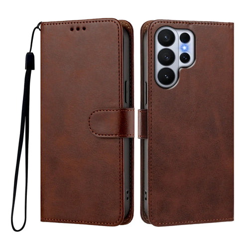 For Samsung Galaxy S26 Ultra Case Wallet Flip Stand PU Leather Phone Cover with Wrist Strap - Brown - 1