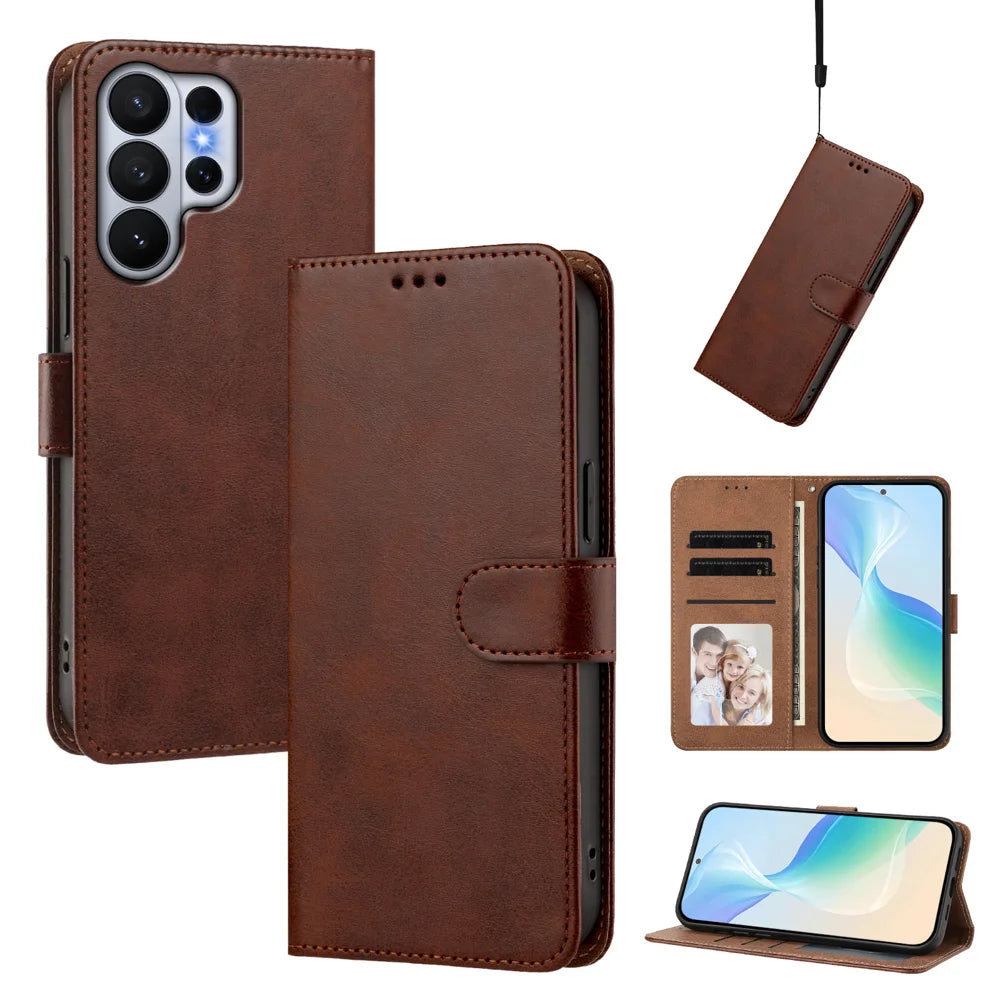 For Samsung Galaxy S26 Ultra Case Wallet Flip Stand PU Leather Phone Cover with Wrist Strap - Brown - 2