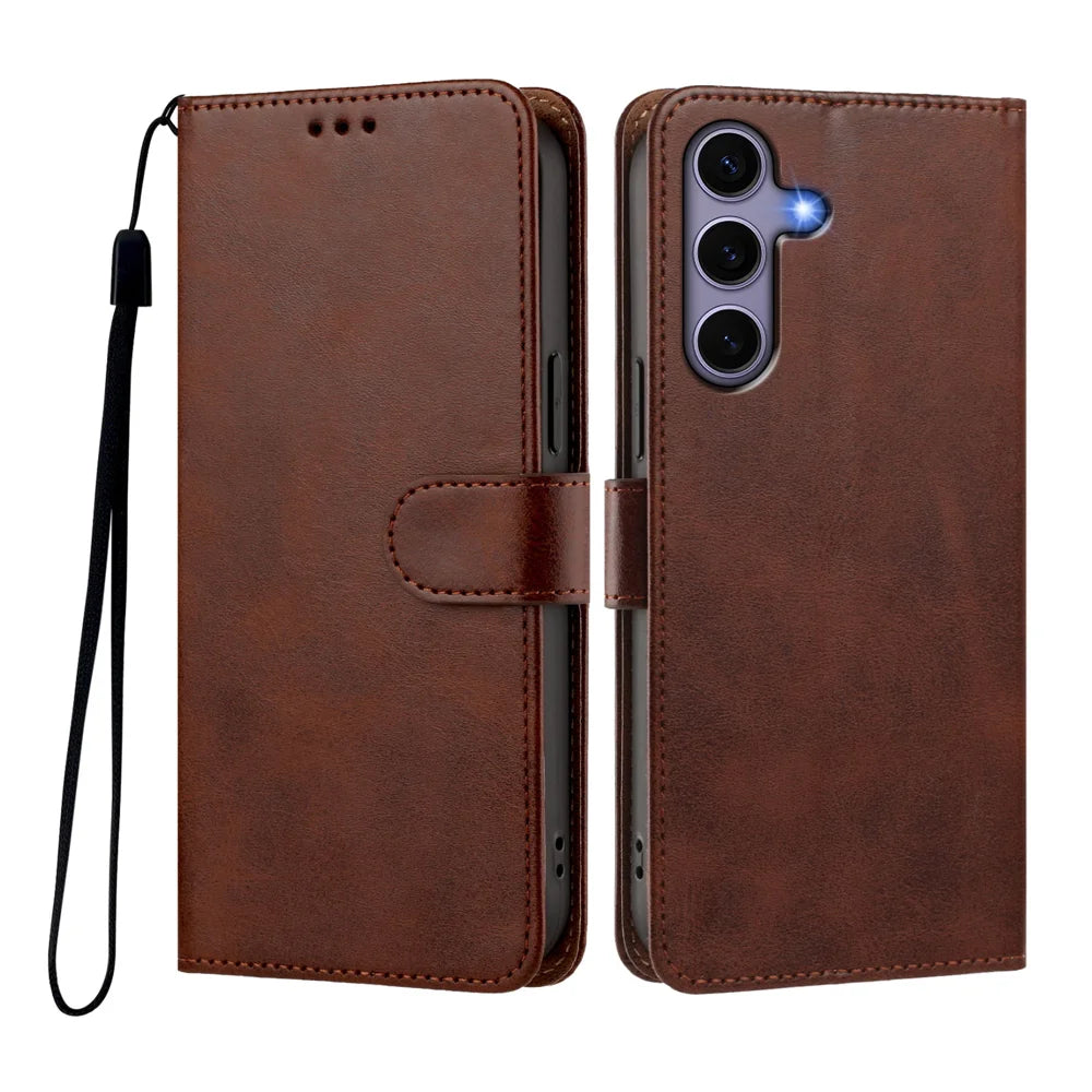 For Samsung Galaxy S24 / Galaxy S25 Case Wallet Flip Stand PU Leather Phone Cover with Wrist Strap - Brown - 1