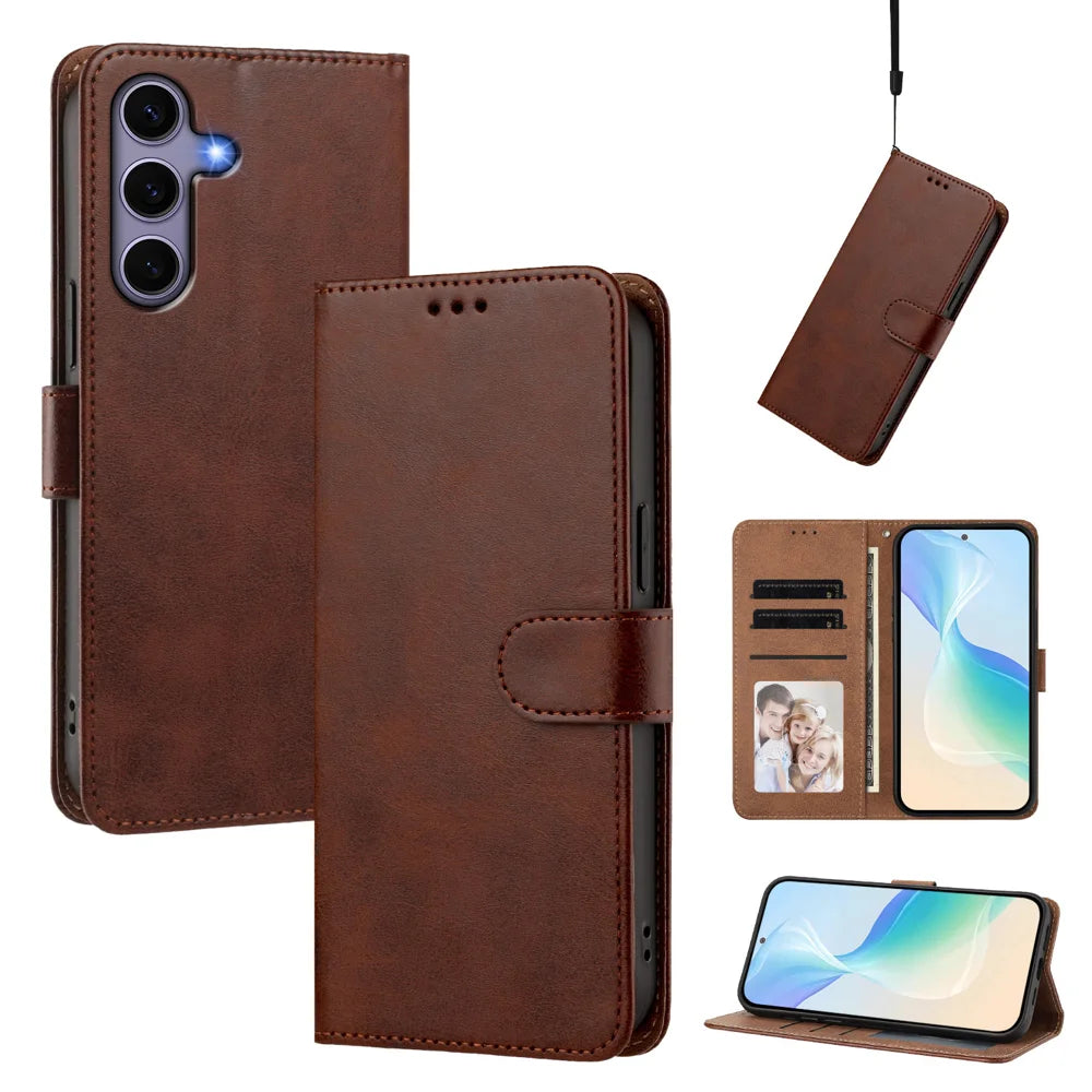 For Samsung Galaxy S24 / Galaxy S25 Case Wallet Flip Stand PU Leather Phone Cover with Wrist Strap - Brown - 2