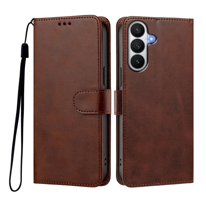 For Samsung Galaxy S26 Case Wallet Flip Stand PU Leather Phone Cover with Wrist Strap - Brown - 1