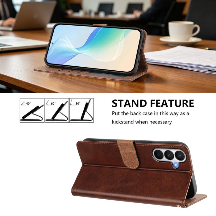 For Samsung Galaxy S26 Case Wallet Flip Stand PU Leather Phone Cover with Wrist Strap - Brown - 3