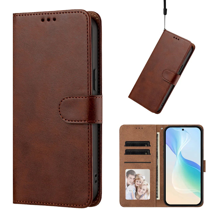 For Samsung Galaxy S26 Case Wallet Flip Stand PU Leather Phone Cover with Wrist Strap - Brown - 5