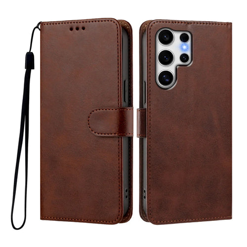 For Samsung Galaxy S25 Ultra Case Wallet Flip Stand PU Leather Phone Cover with Wrist Strap - Brown - 1