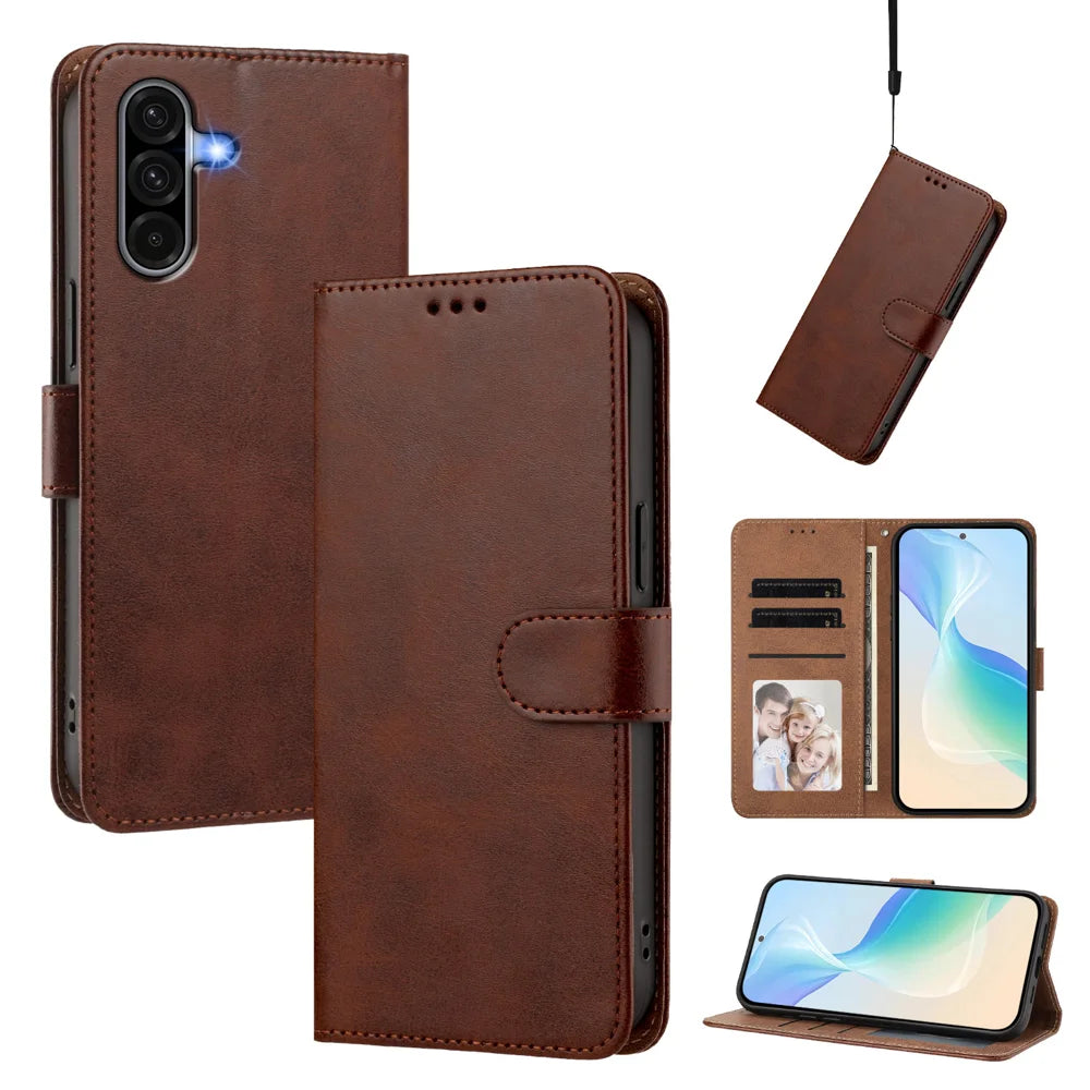 For Samsung Galaxy A37 5G / A56 5G / A36 5G Case Wallet Flip Stand PU Leather Phone Cover with Wrist Strap - Brown - 2