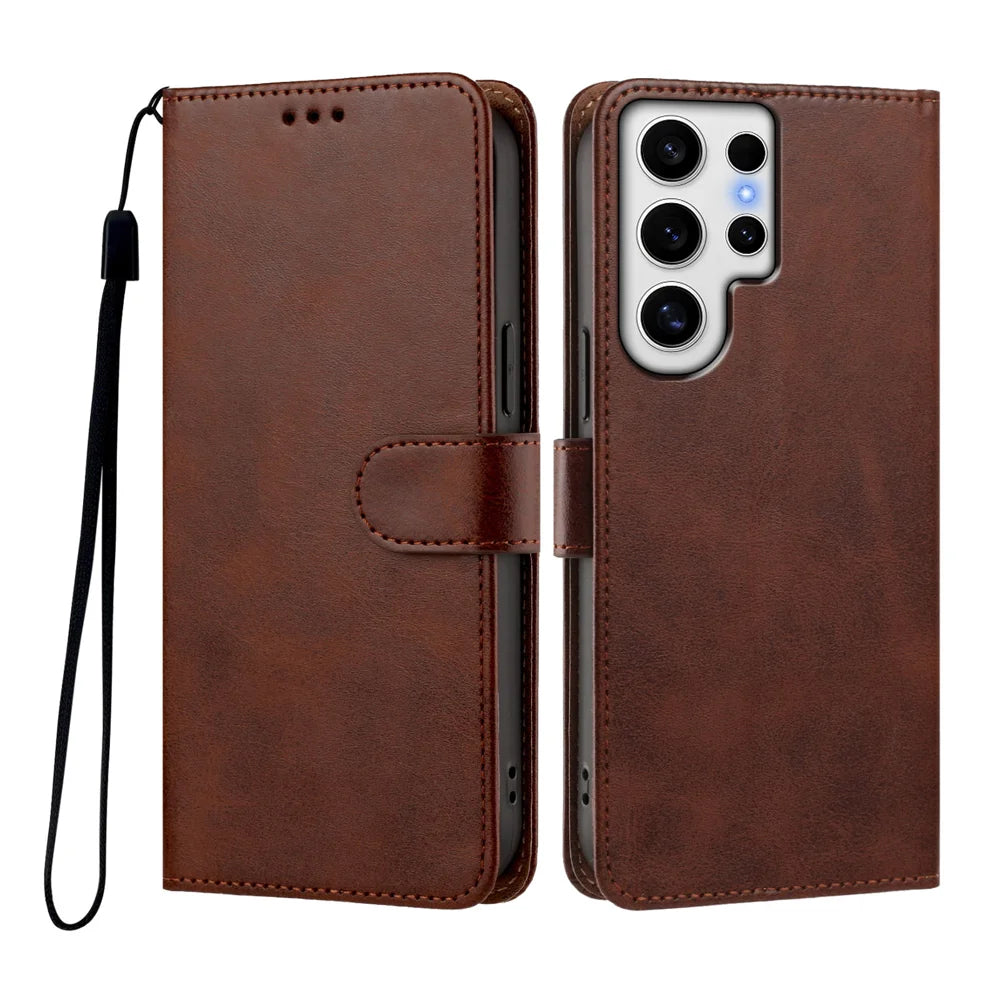 For Samsung Galaxy S24 Ultra Case Wallet Flip Stand PU Leather Phone Cover with Wrist Strap - Brown - 1