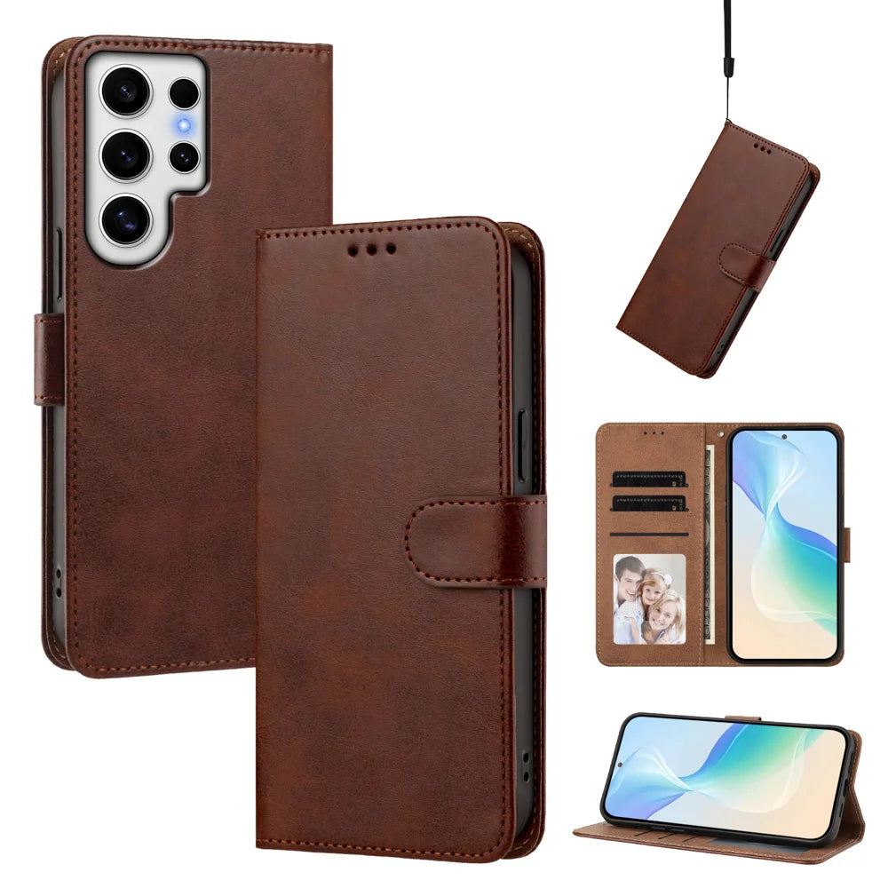 For Samsung Galaxy S24 Ultra Case Wallet Flip Stand PU Leather Phone Cover with Wrist Strap - Brown - 2