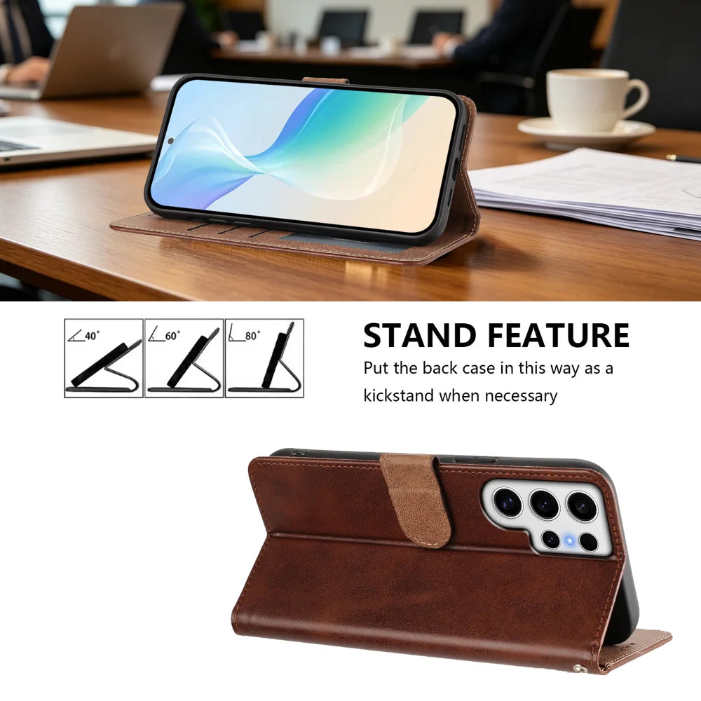 For Samsung Galaxy S24 Ultra Case Wallet Flip Stand PU Leather Phone Cover with Wrist Strap - Brown - 3