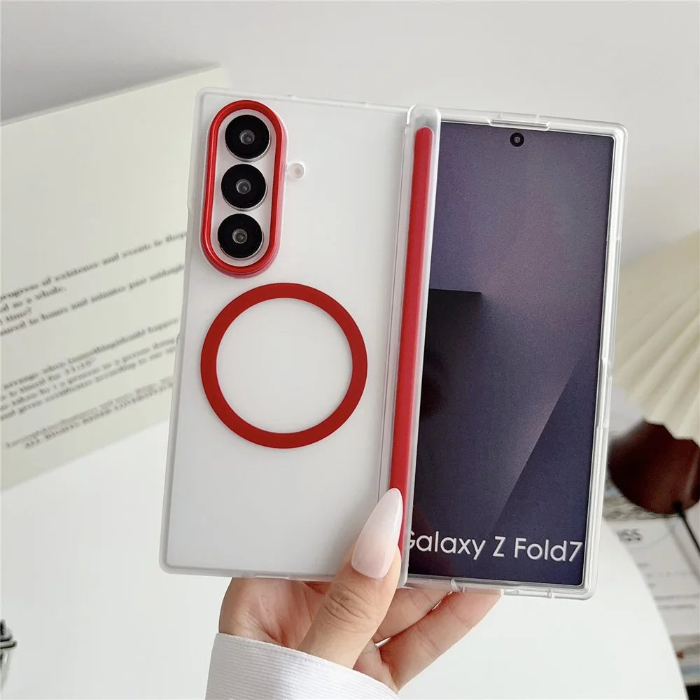 For Samsung Galaxy Z Fold7 5G Magnetic Case Hard PC Foldable Phone Cover with Front Frame - Transparent Red - 2