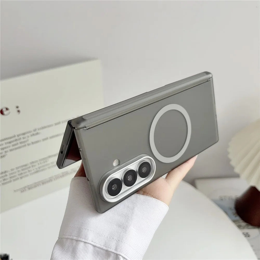 For Samsung Galaxy Z Fold7 5G Magnetic Case Hard PC Foldable Phone Cover with Front Frame - Transparent Red - 3