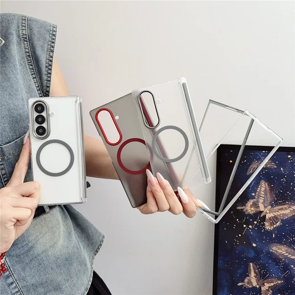 For Samsung Galaxy Z Fold7 5G Magnetic Case Hard PC Foldable Phone Cover with Front Frame - Transparent Red - 5