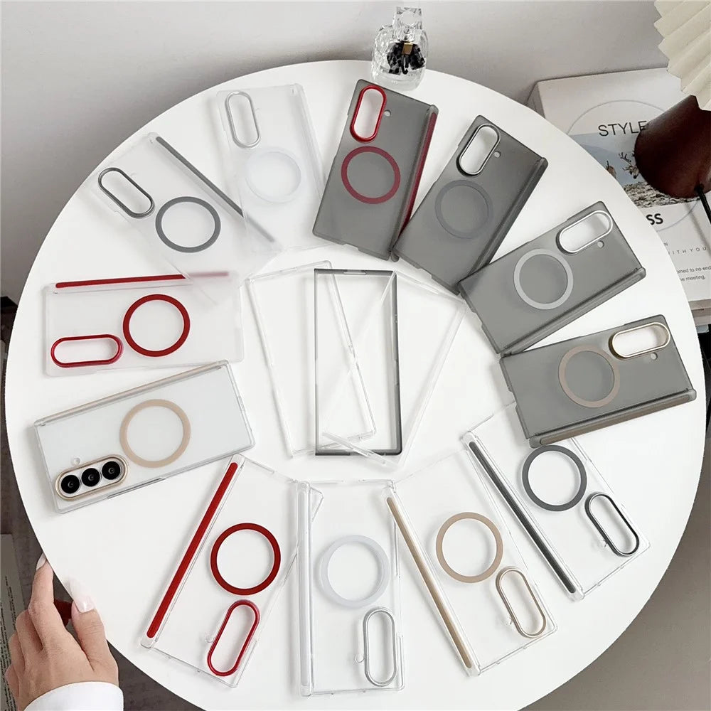 For Samsung Galaxy Z Fold7 5G Magnetic Case Hard PC Foldable Phone Cover with Front Frame - Transparent Red - 6