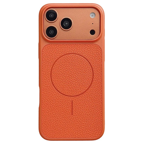 For iPhone 17 Pro Magnetic Case Litchi Texture Leather Coated PC + TPU Anti-Scratch Phone Cover - Orange - 1