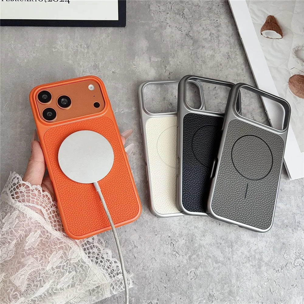 For iPhone 17 Pro Magnetic Case Litchi Texture Leather Coated PC + TPU Anti-Scratch Phone Cover - Orange - 6