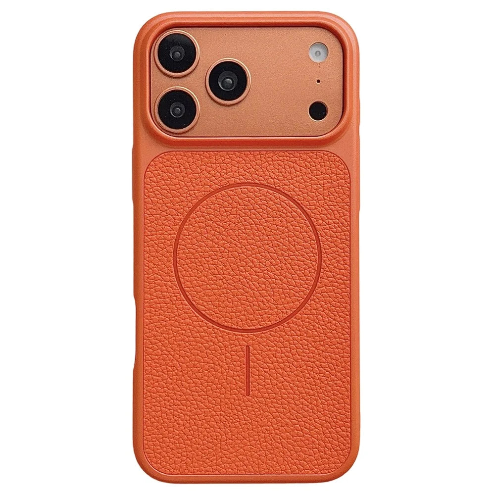 For iPhone 17 Pro Max Magnetic Case Litchi Texture Leather Coated PC + TPU Anti-Scratch Phone Cover - Orange - 1