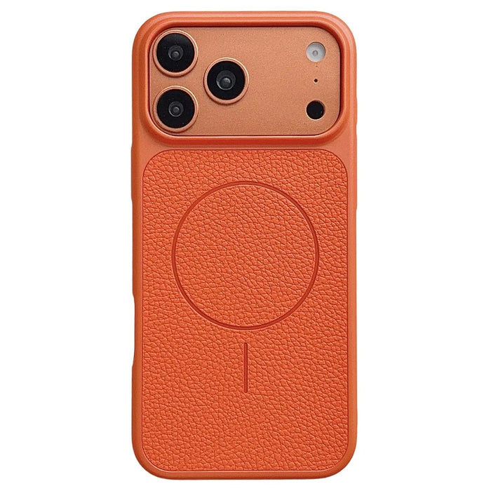 For iPhone 17 Pro Max Magnetic Case Litchi Texture Leather Coated PC + TPU Anti-Scratch Phone Cover - Orange - 1