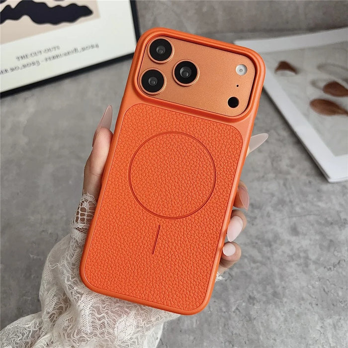 For iPhone 17 Pro Max Magnetic Case Litchi Texture Leather Coated PC + TPU Anti-Scratch Phone Cover - Orange - 2