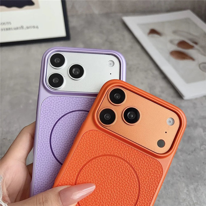 For iPhone 17 Pro Max Magnetic Case Litchi Texture Leather Coated PC + TPU Anti-Scratch Phone Cover - Orange - 3