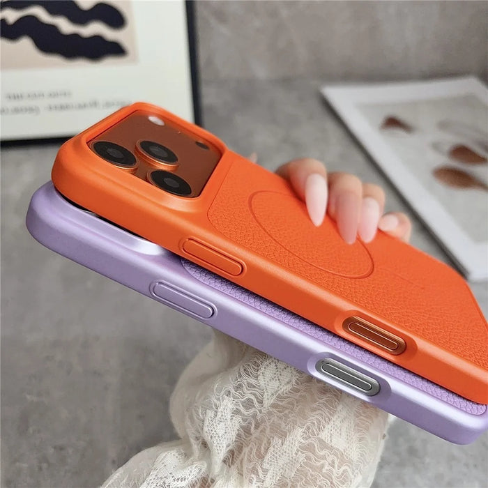 For iPhone 17 Pro Max Magnetic Case Litchi Texture Leather Coated PC + TPU Anti-Scratch Phone Cover - Orange - 4