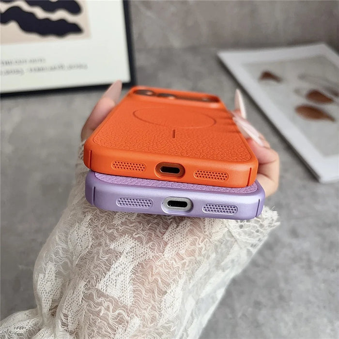 For iPhone 17 Pro Max Magnetic Case Litchi Texture Leather Coated PC + TPU Anti-Scratch Phone Cover - Orange - 5