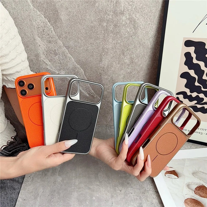 For iPhone 17 Pro Max Magnetic Case Litchi Texture Leather Coated PC + TPU Anti-Scratch Phone Cover - Orange - 7