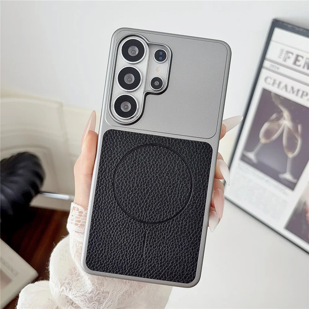 For Samsung Galaxy S26 Ultra Magnetic Case Litchi Texture Leather Coated PC + TPU Anti-Scratch Phone Cover - Black - 2