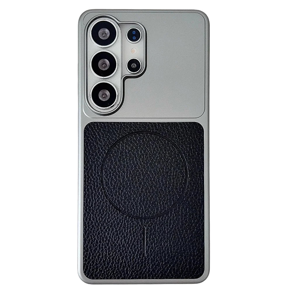 For Samsung Galaxy S25 Ultra Magnetic Case Litchi Texture Leather Coated PC + TPU Anti-Scratch Phone Cover - Black - 1
