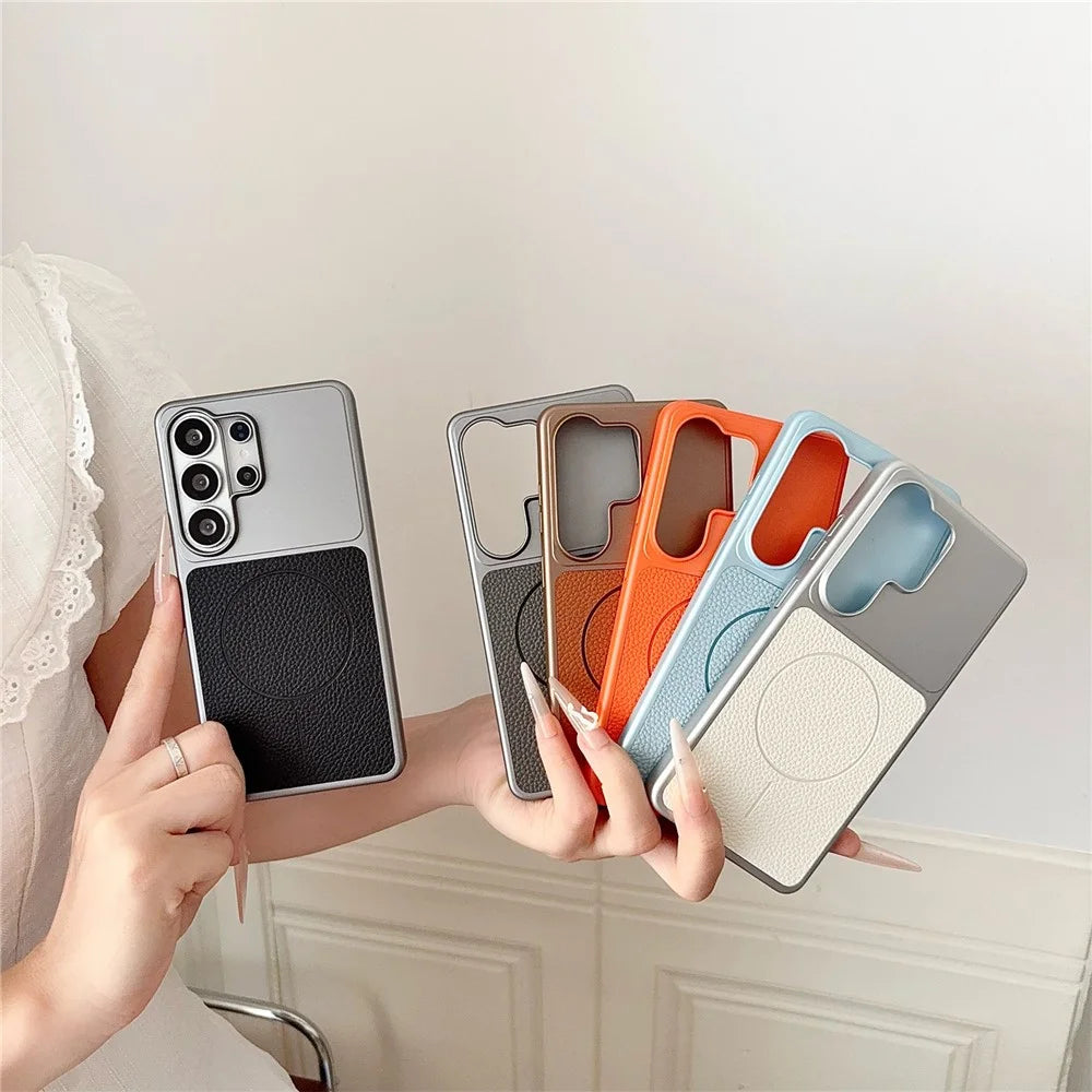 For Samsung Galaxy S25 Ultra Magnetic Case Litchi Texture Leather Coated PC + TPU Anti-Scratch Phone Cover - Black - 6