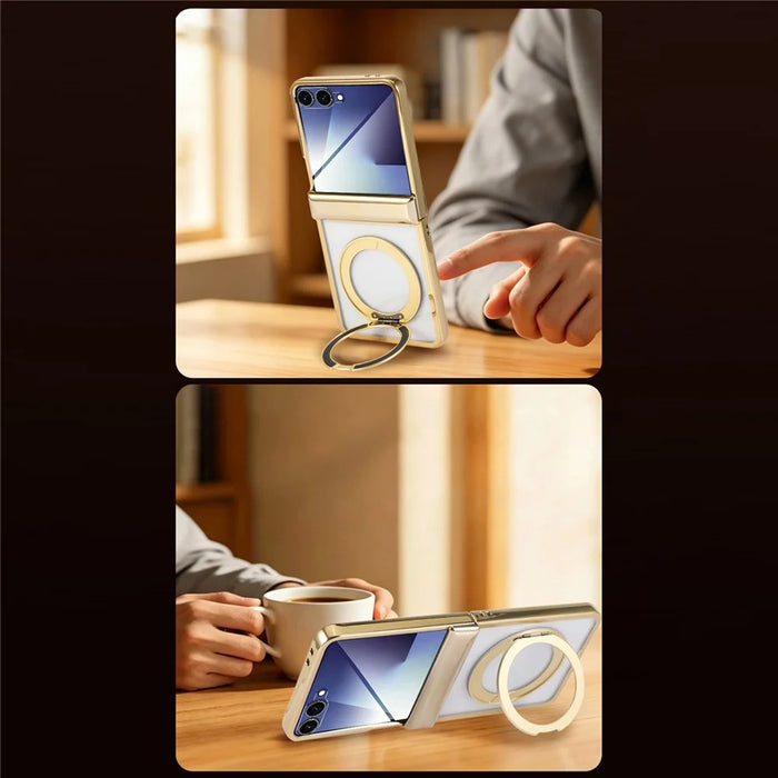 For Samsung Galaxy Z Flip8 Case Magnetic Rotating Kickstand Clear PC Phone Cover - Gold - 5